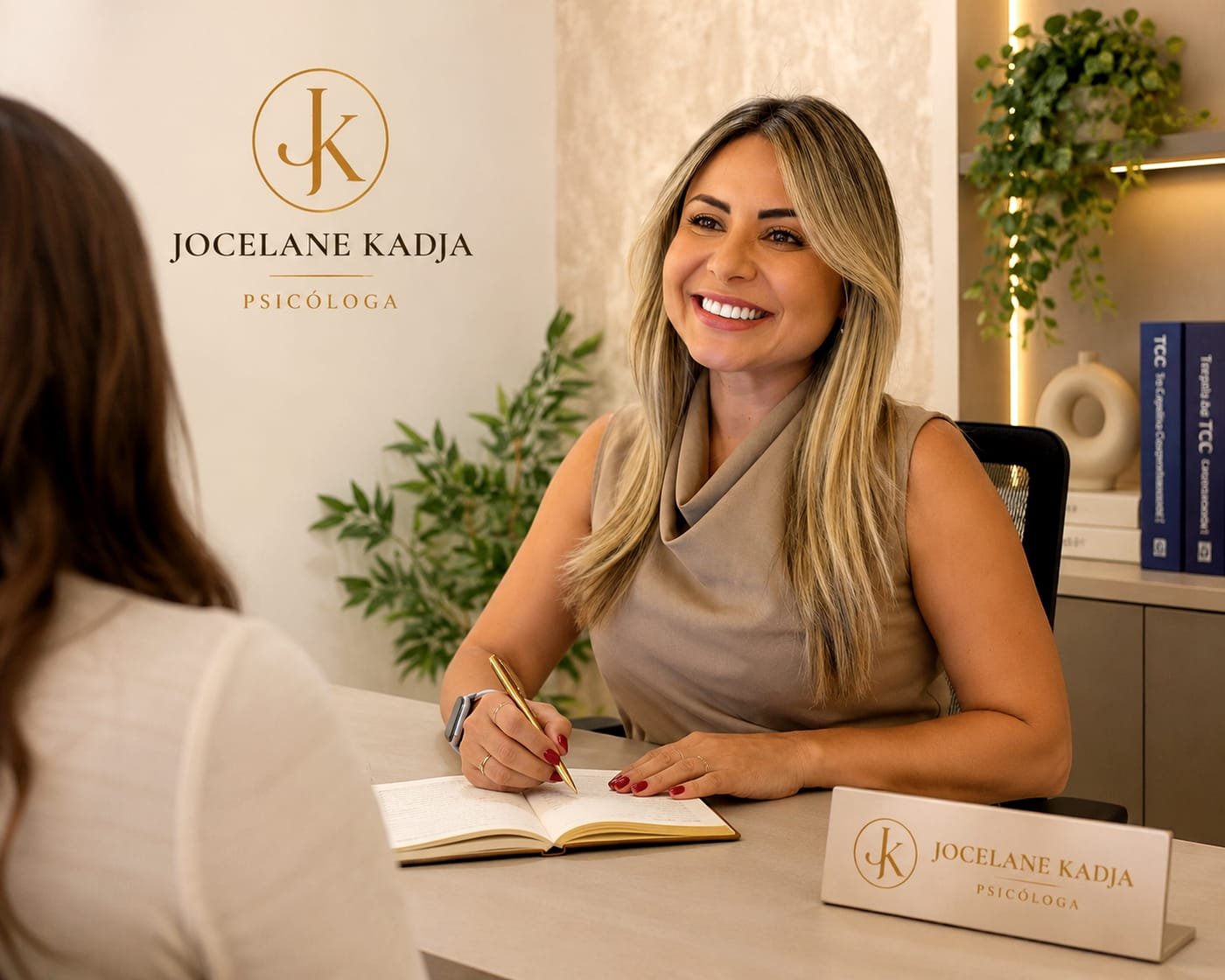 Jocelane Kadja em atendimento no consultório, com a marca aplicada na parede ao fundo.