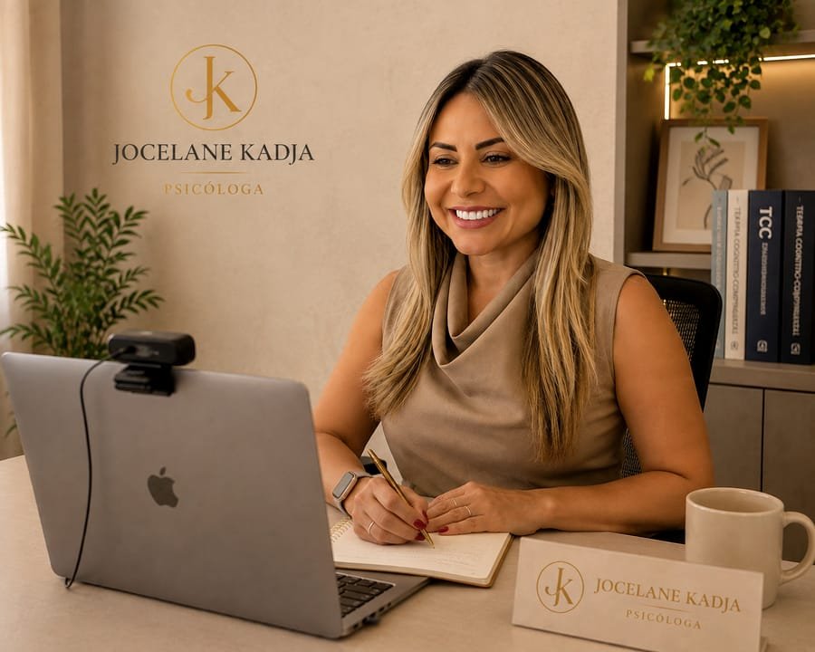 Jocelane Kadja em atendimento online, à mesa do consultório, diante do laptop com webcam e um caderno aberto.